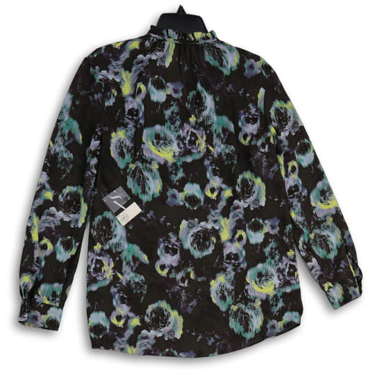 NWT Womens Black Blue Floral V Neck Long Sleeve Pullover Blouse Top Size M image number 2