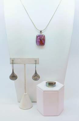 Artisan 925 Modernist Amethyst Rectangle Cabochon Pendant Necklace Puffed Teardrop Earrings & Geometric Band Ring 22.8g