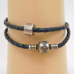 Pandora 925 Sterling Silver Clip-On Charm & Black Braided Leather Wrap Bracelet 8.0g