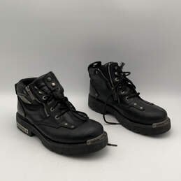 Mens Black Leather Round Toe Lace-Up Fashionable Motorcycle Boots Size 10.5 alternative image