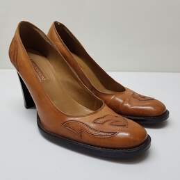 Enzo Angiolini Brown Leather Patch Stitch Western Heels Size 9.5
