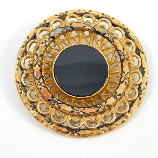 VNTG Art Nouveau Style Gold Tone & Gold Filled Onyx, Glass & Rhinestone Brooch Lot image number 2