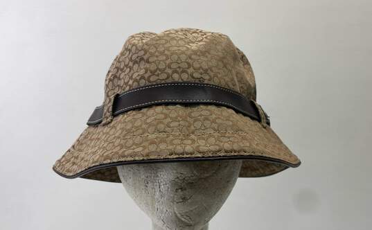 COACH Tan Signature Jacquard Leather Band Buckle Sun Bucket Hat image number 1
