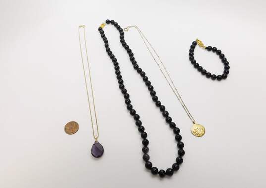 925 Vermeil Onyx Purple Crystal Lotus Flower Necklaces & Bracelet 73.1g image number 9