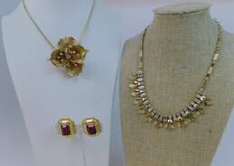 Vintage & Monet 1/20 12K Gold Fill & Goldtone Icy Sculptural Flower Pendant & Paneled Chain Necklaces & Red Rhinestone Chunky Clip On Earrings 87.2g