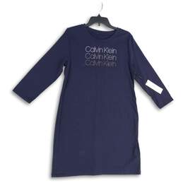 NWT Calvin Klein Womens Navy Blue Crew Neck Long Sleeve T-Shirt Dress Size Large