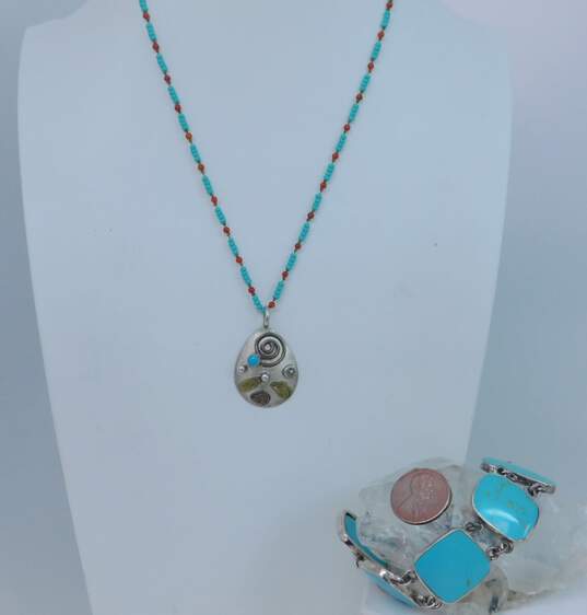 Denna Platero & 925 Southwestern Turquoise Cabochon Spiral Bear Feather Unique Pendant Beaded Necklace & Faux Stone Paneled Bracelet 28.5g image number 6