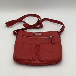 Womens Orange Leather Zipper Outer Pockets Adjustable Strap Crossbody Bag