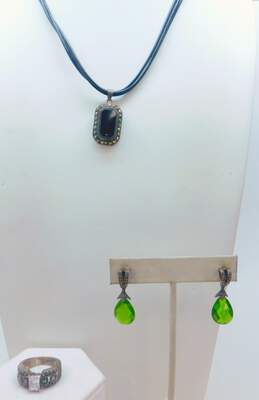 Romantic 925 Onyx Marcasite & CZ Drop Earrings Pendant Necklace & Ring 19.5g