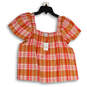 NWT Womens Pink Orange Plaid Square Neck Short Sleeve Crop Blouse Top Sz M image number 1