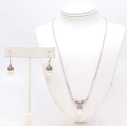 Judith Jack 925 Faux Pearl Cubic Zirconia & Marcasite Art Deco Pendant Necklace & Matching Drop Earrings Set 11.5g