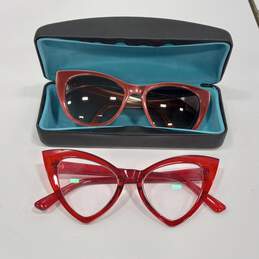 2 Pair Women's Red & Floral Print Acetate Cat's Eye Sunglasses & Reading Glasses