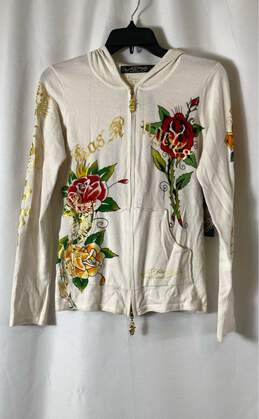 NWT Ed Hardy Womens White Floral Hooded Full Zip Cardigan Sweater Size M