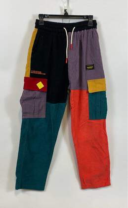 Coursemy Mens Multicolor Cotton Colorblock Drawstring Waist Cargo Pants Size L