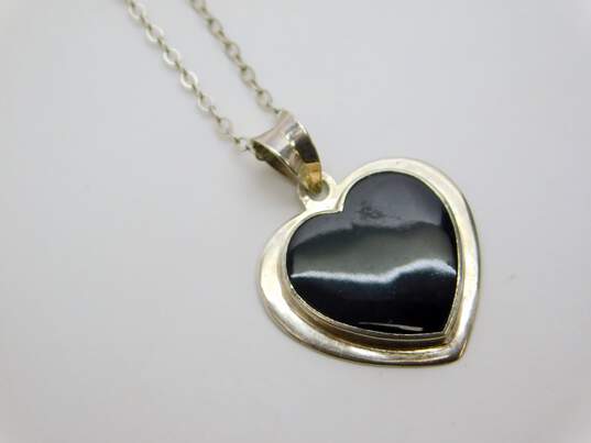 Romantic 925 Black Enamel & Puffy Heart Pendant Necklaces Ring & Heart Threader Earrings 18.5g image number 4