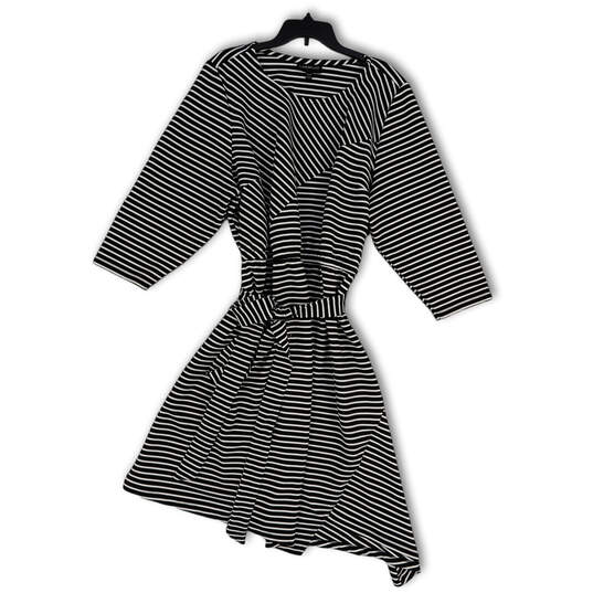 Womens Black Striped 3/4 Sleeve Asymmetrical Hem A-Line Dess Size 26/28 image number 1