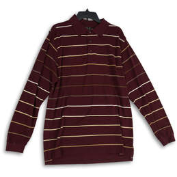 Mens Maroon Striped Long Sleeve Spread Collar Polo Shirt Size Medium