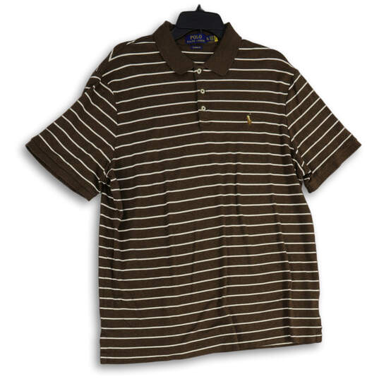 Mens Brown White Striped Spread Collar Short Sleeve Polo Shirt Size X-Large image number 1