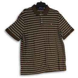 Mens Brown White Striped Spread Collar Short Sleeve Polo Shirt Size X-Large