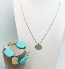 Artisan 925 Sterling Silver Leaf Pendant Necklace & Donna Dressler Pearl & Faux Turquoise Bracelet 48.0g
