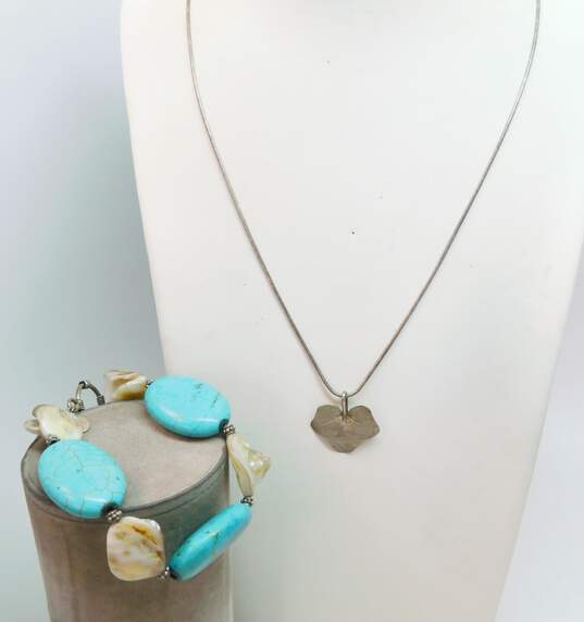 Artisan 925 Sterling Silver Leaf Pendant Necklace & Donna Dressler Pearl & Faux Turquoise Bracelet 48.0g image number 1