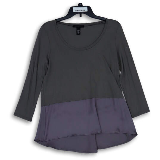 Womens Gray Purple Colorblock Long Sleeve Round Neck Blouse Top Size M image number 1