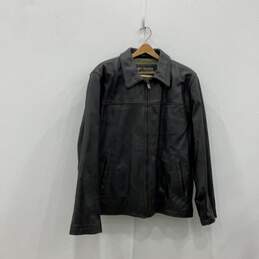 Mens Black Leather Spread Collar Pockets Long Sleeve Full Zip Jacket Size Medium