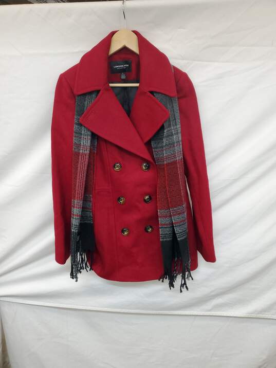 Wm London F.O.G. Posh Double Breasted Red Wool Coat W/Built-In  Scarf Sz S image number 1