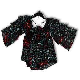 Womens Black Floral Cold Shoulder 3/4 Ruffle Sleeve Pullover Blouse Size S