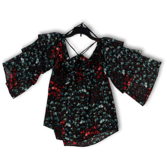 Womens Black Floral Cold Shoulder 3/4 Ruffle Sleeve Pullover Blouse Size S image number 1