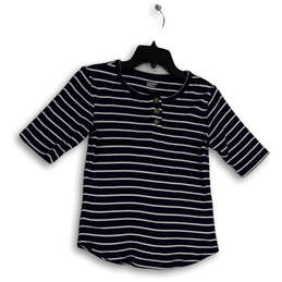 Womens Blue White Striped Short Sleeve Button Henley T-Shirt Size XS