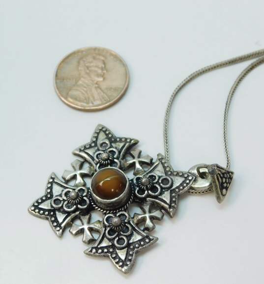 Artisan Jerusalem 925 & 900 Silver Brown Glass Granulated Cross Pendant Foxtail Chain Necklace 13.1g image number 3