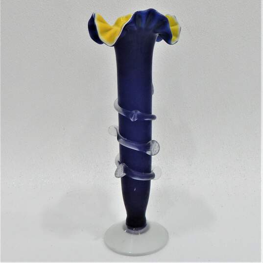 Murano Blue Yellow & Clear Frosted Glass Ruffled Vase image number 4