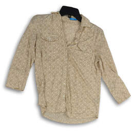 Womens Tan Geometric Spread Collar 3/4 Sleeve Button-Up Shirt Size XS