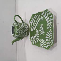 Green Glazed Leaf Design Ceramic Teapot and Underplate