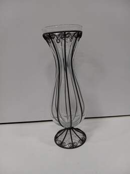 Tall Blown Glass Vase in Footed Metal Frame