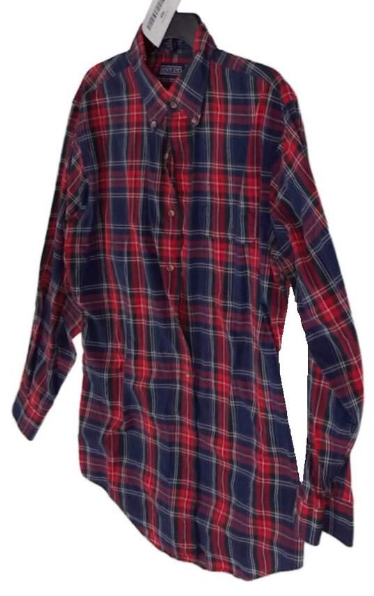 Mens Red Blue Plaid Long Sleeve Spread Collar Button Down Shirt Size Large image number 2