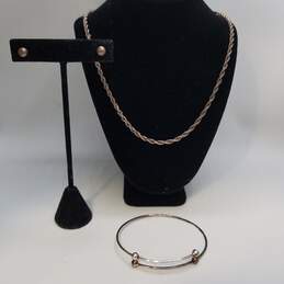 Sterling Silver Post Earring + Necklace + Bangle Bracelet Bundle 3pcs 13.0g