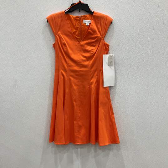 NWT Womens Orange Cap Sleeve V-Neck Back Zip Pleated Fit & Flare Dress Size 2 image number 1