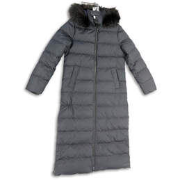 Womens Gray Fur Trim Long Sleeve Full-Zip Pockets Hooded Parka Coat Size S