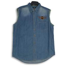 Harley Davidson Mens Blue Denim Embroidered Sleeveless Button-Up Shirt Size L