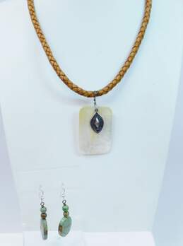 Artisan 925 Dome Stamped Yellow Mother of Pearl Pendant Braided Cord Necklace & Turquoise Oval Beaded Drop Earrings 23.9g