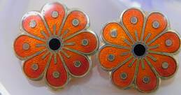 Vintage DA David Andersen Norway 925 Vermeil Modernist Guilloche Orange & Black Enamel Flower Clip On Earrings 6.8g