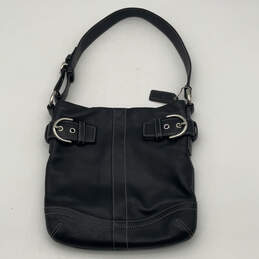 Womens Black Leather Buckle Logo Charm Adjustable Strap Shoulder Bag