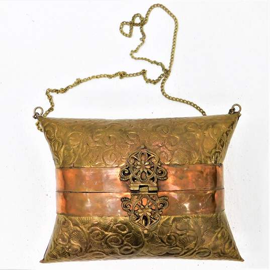 Vintage Brass & Copper Hardshell Art Nouveau Pillow Purse image number 1