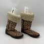 Coach Womens Beige Brown Monogram Fur Trim Ankle Slip-On Winter Boots Size 8 image number 1