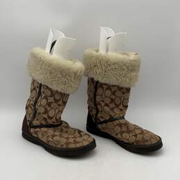Coach Womens Beige Brown Monogram Fur Trim Ankle Slip-On Winter Boots Size 8