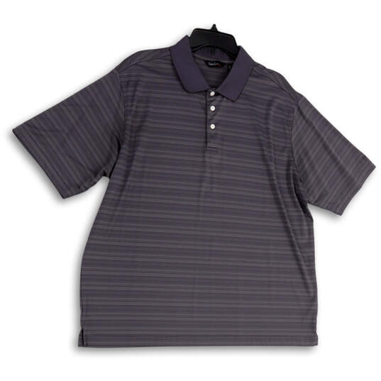 Mens Gray Striped Collared Front Button Short Sleeve Polo Shirt Size XL image number 1