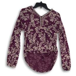 Lucky Brand Womens Purple Floral Long Sleeve Pullover Blouse Top Size Small