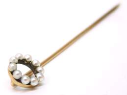 Antique 14K Yellow Gold Seed Pearl Accent Open Circle Stick Pin Brooch 0.9g alternative image